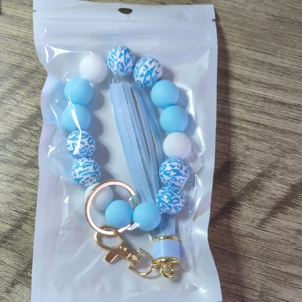 Blue and White Beaded Keychain with Tassel
